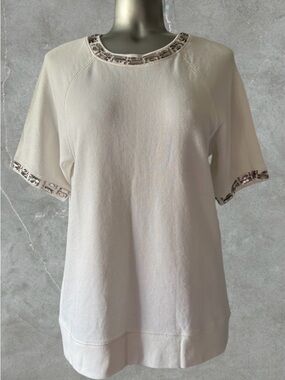 💟 J. Crew Cream Jersey Short-Sleeve Tee with Embellished Trim